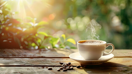 Obraz premium Serene coffee cup on a wooden table surrounded by lush greenery, morning sunlight streaming through