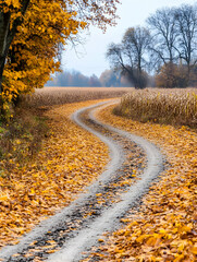 Naklejka premium Fall path leads through rural field. Fallen leaves cover path with trees around