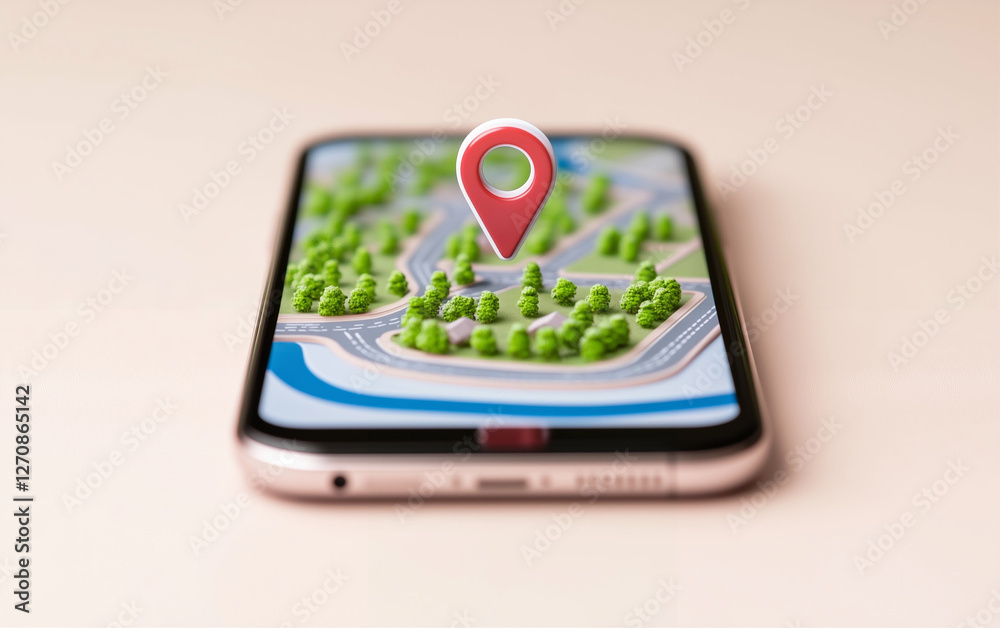 Poster smartphone displaying map with location pin. smartphone showing location map with a red pin on the s