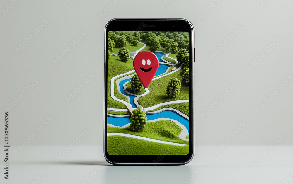 Poster Smartphone displaying location indicator on map with trees and river. Smartphone shows location indicator on detailed map with river and trees. Location indicator with smile on smartphone map