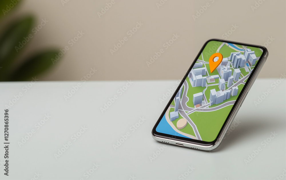 Poster Smartphone with Map and Navigation App Displaying Location Pin on Screen. Mobile phone showing city map with location pin for navigation app