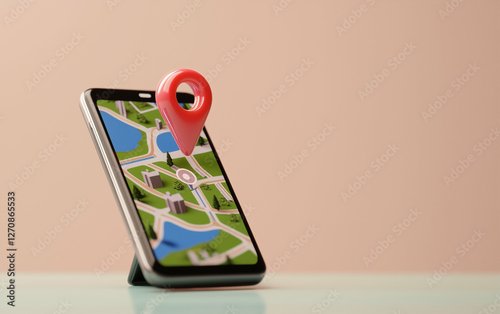 Poster Smartphone displaying mobile map with location pin on screen. Mobile phone with city map and red location pin. Mobile navigation app on smartphone