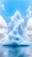 Floating iceberg with water reflection against blue sky. Environment backdrop