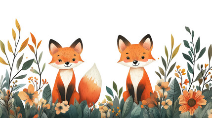 Obraz premium Frame for text with cute foxes and flowers isolated on a white background.