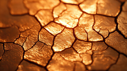 Fototapeta premium A close-up view of textured, cracked surface with golden hues, resembling natural patterns and highlighting light reflections.