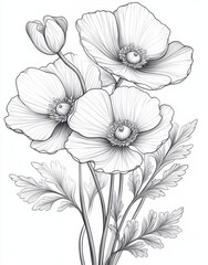 Fototapeta premium Detailed pencil drawing of delicate anemone flowers showcasing intricate petals and leaves in a beautiful botanical style