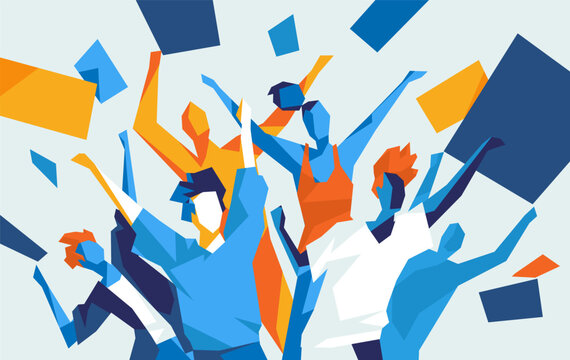 A group of people cheering with joy. A rejoicing crowd of fans