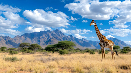Fototapeta premium Giraffe grazing in savanna, African landscape, against distant mountains, for safari use