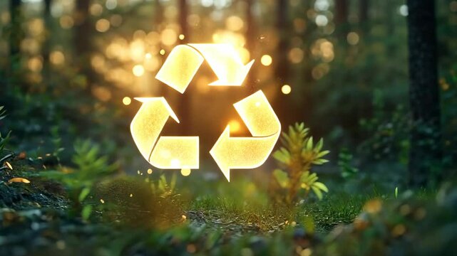 Glowing Recycling Symbol in a Green Forest with Sunlight for Environmental Campaigns, Sustainability Blogs, and Eco-Friendly Branding in a Warm Green-Gold Color Palette