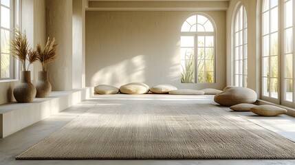 Elegant yoga mat positioned in a bright minimalist room with soft diffused lighting creating a calm serene atmosphere and ample copy space for your design or text overlay