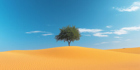 Solitary tree in a vast, golden desert under a vibrant blue sky.
