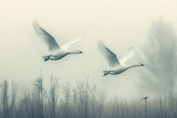 Beautiful white geese flying on a foggy morning