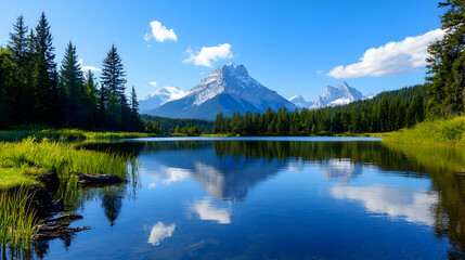 Serene Alpine Lake Reflecting Mountain Peaks In Banff National Park