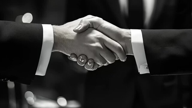 A close-up of two hands shaking in a formal setting, symbolizing agreement or partnership.