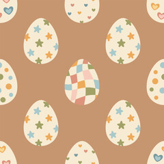 Retro Easter seamless pattern. Groovy Easter eggs pattern. Easter digital paper. Hand drawn vector pattern in flat style