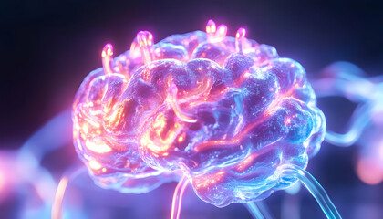 Glowing brain with neural connections showing research, learning or brainstorming