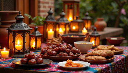 Naklejka premium A richly decorated Iftar table with traditional lanterns, dates, and various foods, creating a warm and festive atmosphere.