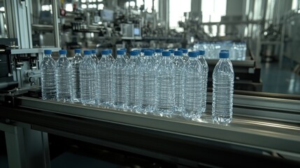 Naklejka premium Conveyor belt transports plastic water bottles through a modern bottling facility during daylight hours, showcasing an efficient packaging process