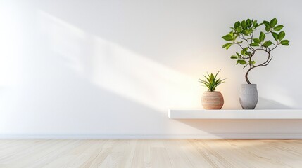 Cozy White Room with Wooden Floor and Stylish Small Pots