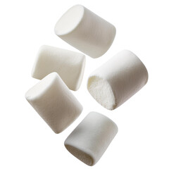 A collection of fluffy white marshmallows on a white background, perfect for sweet treats and desserts.
