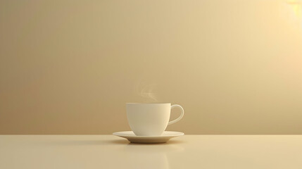 A steaming cup of coffee on a minimalist table with soft lighting, creating a cozy atmosphere