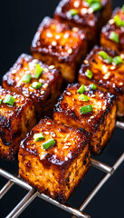 Grilled glazed tofu cubes with sesame and scallions sit on a wire rack. Food shot