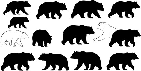 Fototapeta premium Bear silhouettes, bear in various poses, standing, walking, sitting, perfect for wildlife, nature designs, outdoor themes, versatile, visually engaging