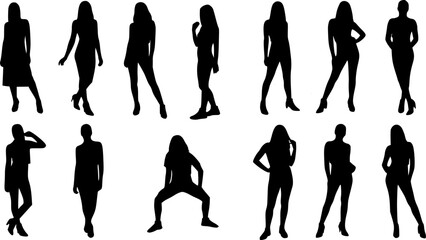 stylish women Silhouette in diverse poses, collection of woman showcasing fashion and elegance on a white background, perfect for design, art, and fashion projects