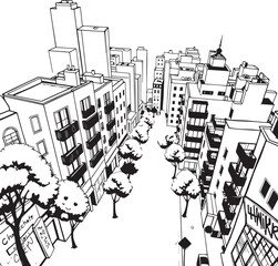 Fototapeta premium City landscape. Different buildings on street, outline cityscape hand sketch, flat houses. Hand drawn vector illustration