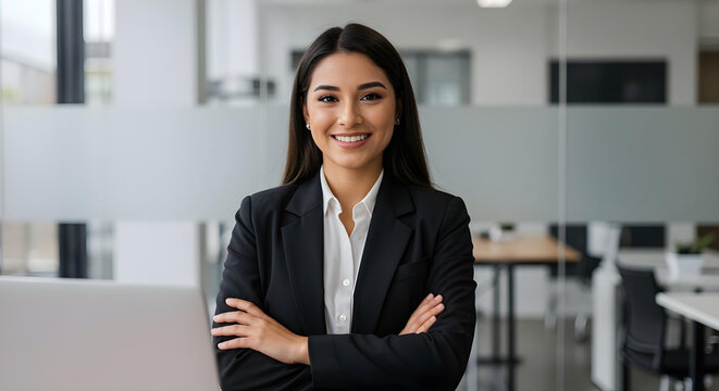 Portrait of young beautiful Latin American business woman, company employee smiling and looking at camera with crossed arms, businesswoman satisfied with work inside office using laptop.