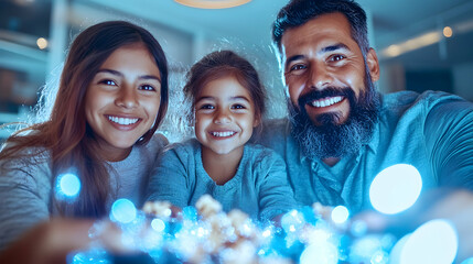 Happy family of three smiling at the camera with lights in the foreground. Use ad