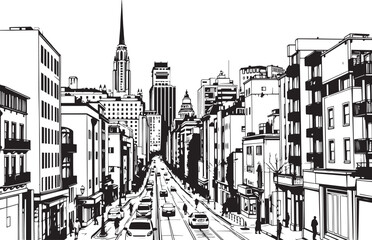 Fototapeta premium City landscape. Different buildings on street, outline cityscape hand sketch, flat houses. Hand drawn vector illustration