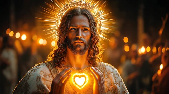 Sacred Heart of Jesus with a Glowing Halo Surrounded by Candlelight for Religious Art, Faith-Based Content, and Spiritual Inspiration in a Warm Golden Color Palette