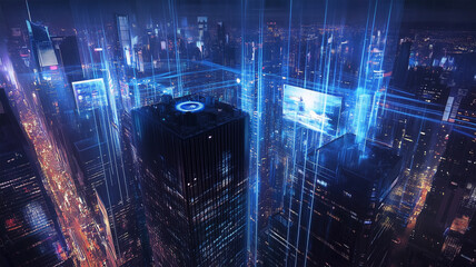 未来都市の高層ビルに設置された5G基地局、高速データ通信の象徴