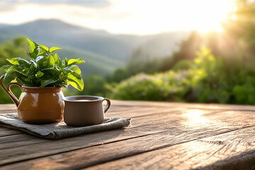 Herbs and drink on rustic table, mountain views, sunburst. Tranquil outdoor scene