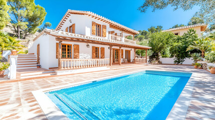Fototapeta premium House by pool on sunny day with trees & stairs in background, real estate marketing