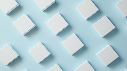 Abstract arrangement of white squares on a light blue background.