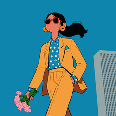 Business woman in glasses holding a folder in her hands. Vector illustration. Happy Women's Day greeting card.