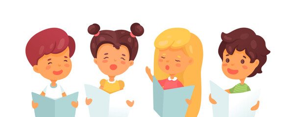 Children choir. Cute kids singing in quartet, four-piece band. Music lesson at school. Boys and girls learning new song. Concert, performance rehearsal. Cartoon vector illustration.