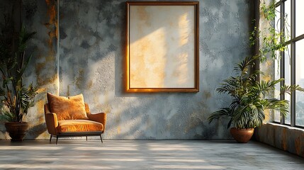 Elegant single photo frame showcasing abstract artwork hung on a textured concrete wall with soft ambient lighting creating a calming and contemporary atmosphere  Spacious
