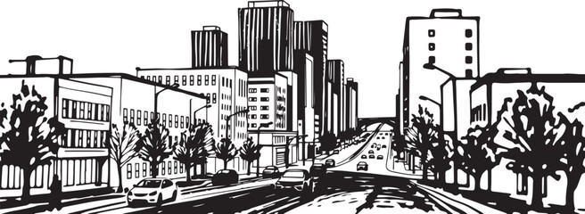 Fototapeta premium City landscape. Different buildings on street, outline cityscape hand sketch, flat houses. Hand drawn vector illustration