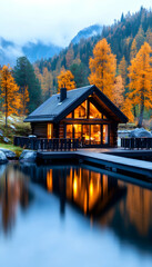 Fototapeta premium Lakeside Cabin in Autumn Cozy home by water reflects lights in nature scene