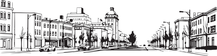 Obraz premium City landscape. Different buildings on street, outline cityscape hand sketch, flat houses. Hand drawn vector illustration