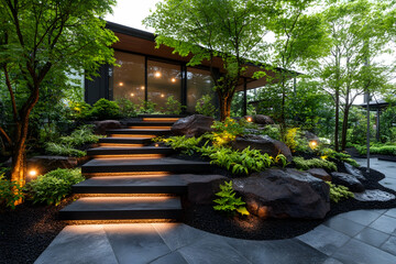 Fototapeta premium Landscape steps with garden and building behind, for outdoor design inspiration