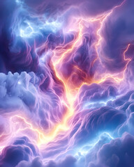 Obraz premium Lightning strikes dramatically in cloudy sky; background is a mix of colors