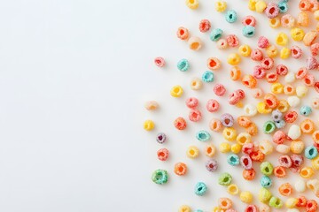 Scattered colorful cereal pieces on a white background.