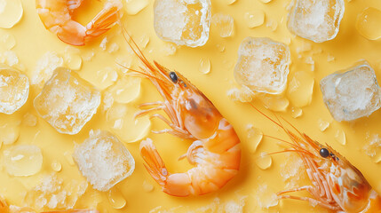 Shrimp and ice on a bright yellow background, attracting attention and whetting the appetite..