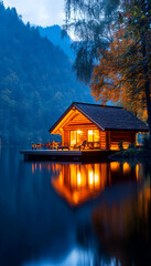 Fototapeta premium Lit cabin on lake at dusk, mountains in background. Vacation rental, ad use