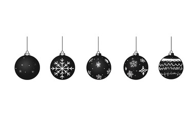 Black Christmas Baubles with Snowflake Decorations hanging against a white background for holiday designs