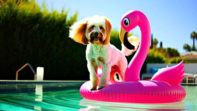 Cheerful dog standing on a vibrant pink flamingo float enjoying a sunny day in a serene backyard pool setting, capturing summer fun and lighthearted moments outdoors.